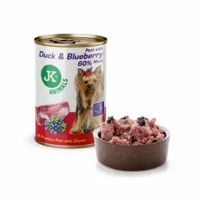 JK Premium Duck & Blueberry, Paté with Chunks, 60 % Meat, kachní s borůvkami, prémiová konzerva pro psy, 400 g