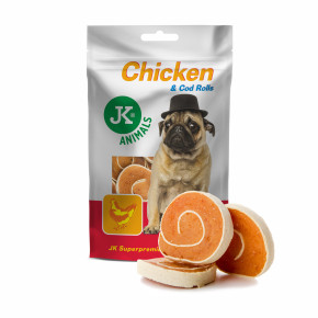 Sušené kuřecí maso a treska v rolce, 80 g, masový pamlsek pro psy (Chicken & Cod Rolls Meat Snack)