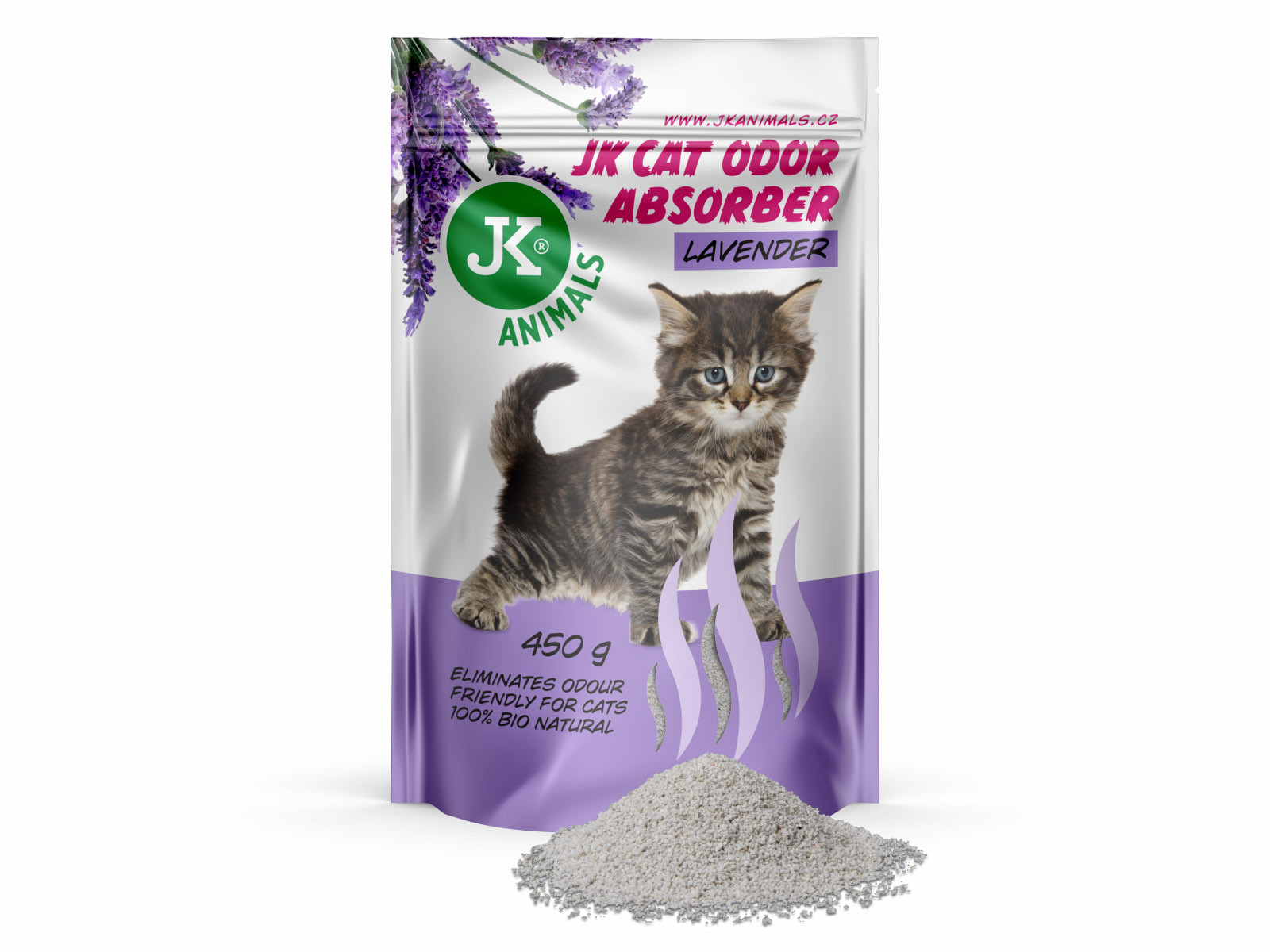JK Lavender Absorber, pohlcovač zápachů s vůní levandule, 450 g, podporuje účinek kočkolitů