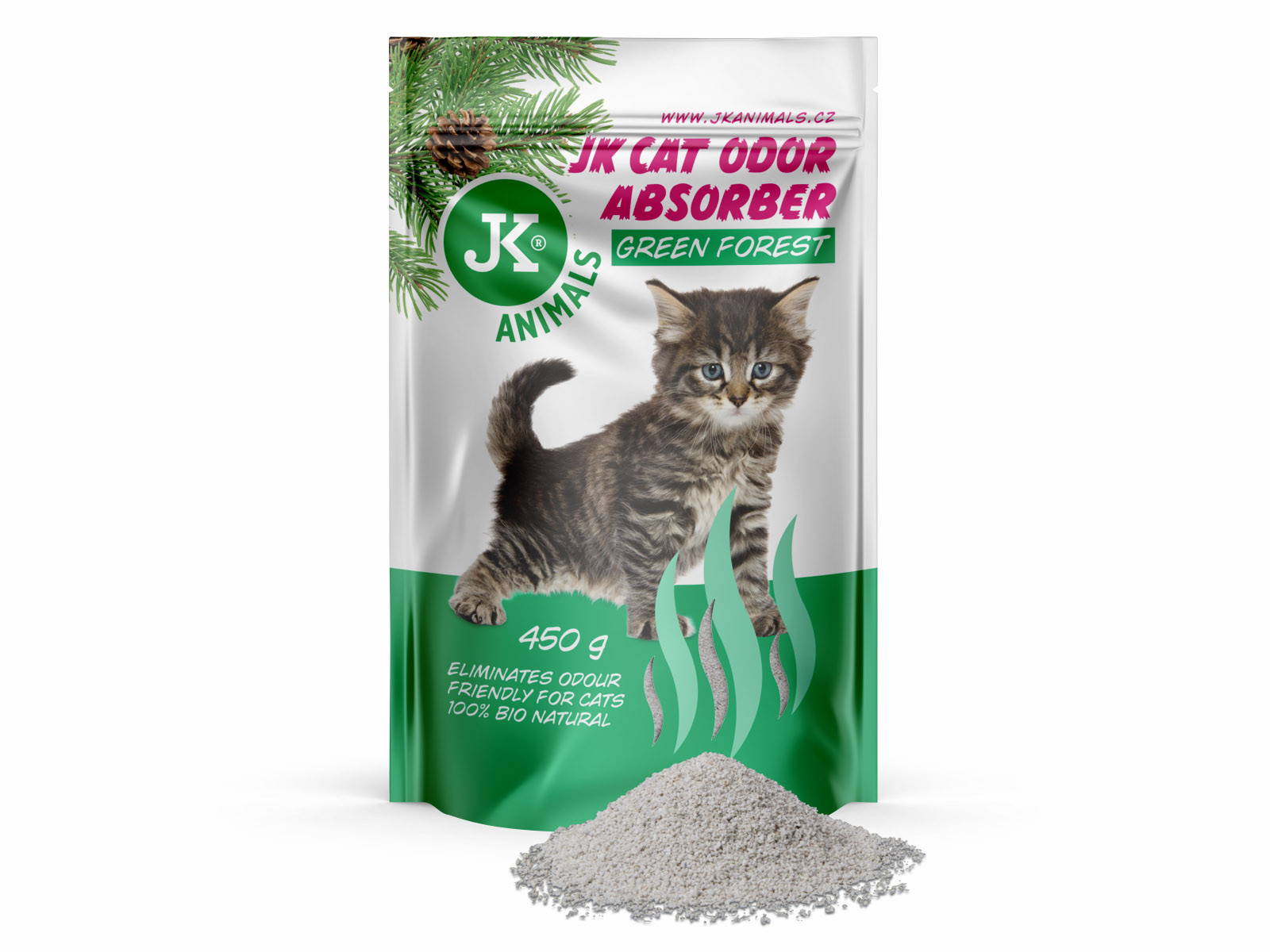 JK Green Forest Absorber, pohlcovač zápachů s vůní zeleného lesa, 450 g, podporuje účinek kočkolitů
