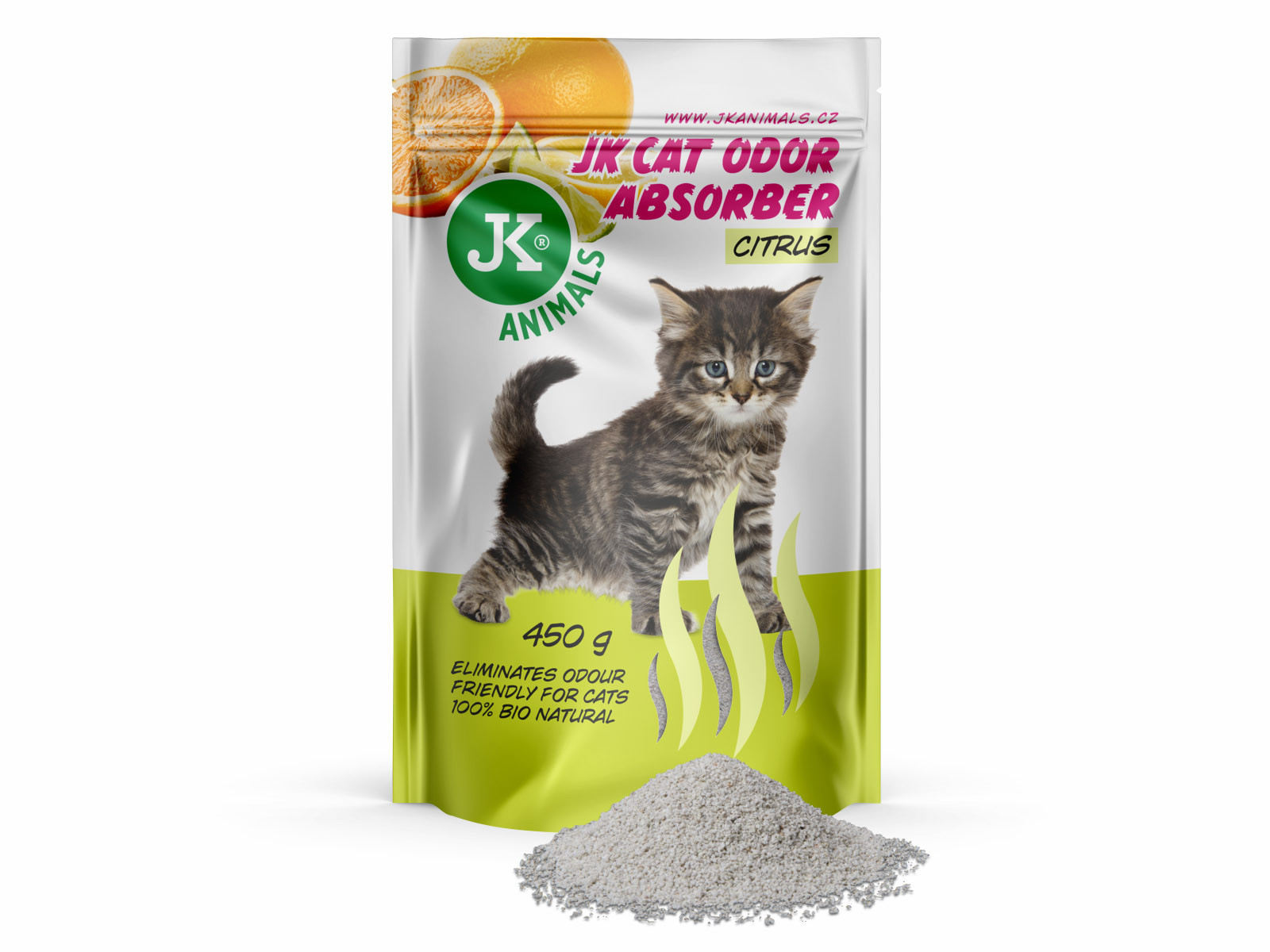 JK Citrus Absorber, pohlcovač zápachů s vůní citrusů, 450 g, podporuje účinek kočkolitů