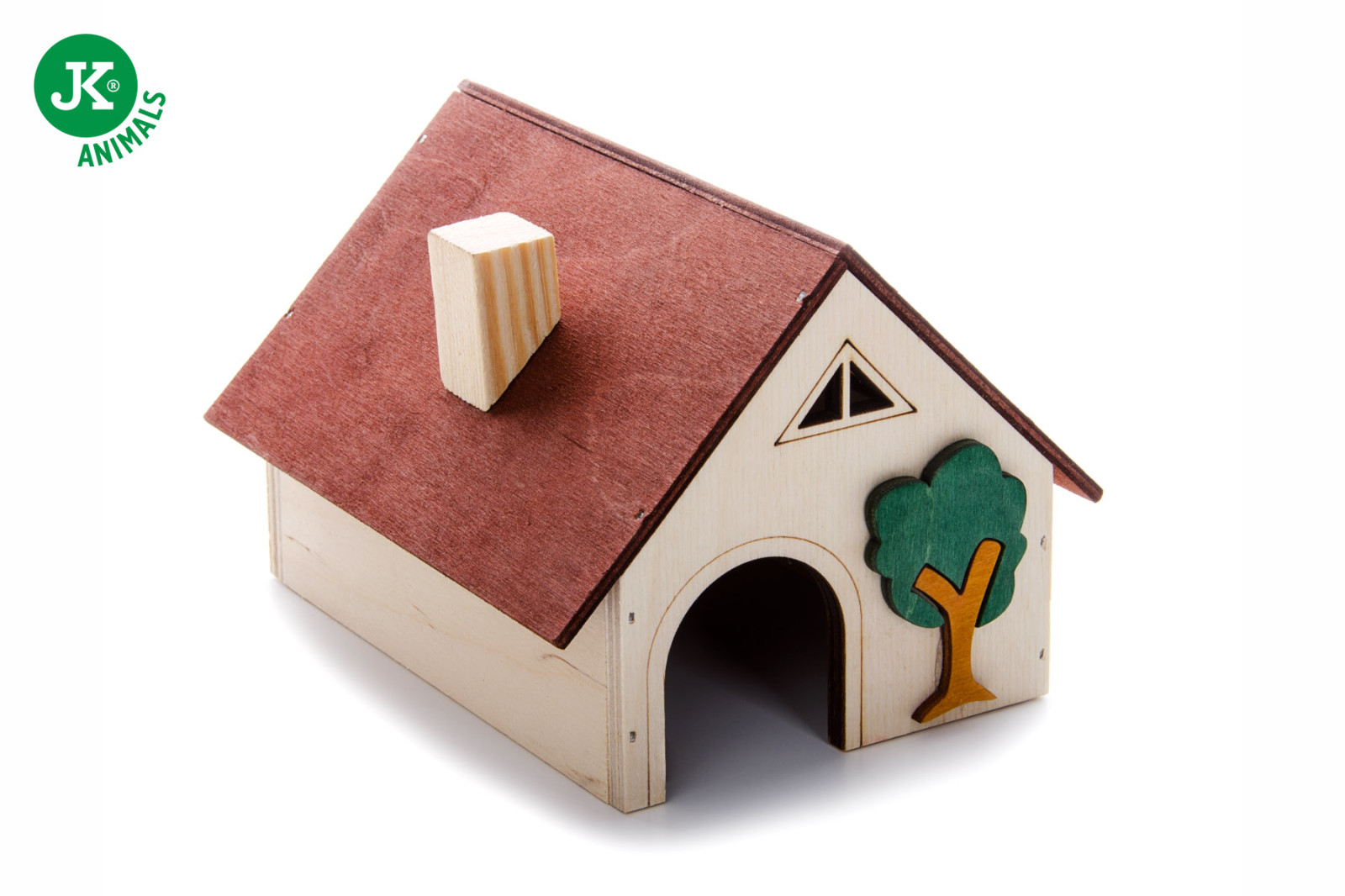 Dřevěný domek se stromkem a komínem pro křečky, 14×10×11 cm, rohový domek z překližky pro hlodavce